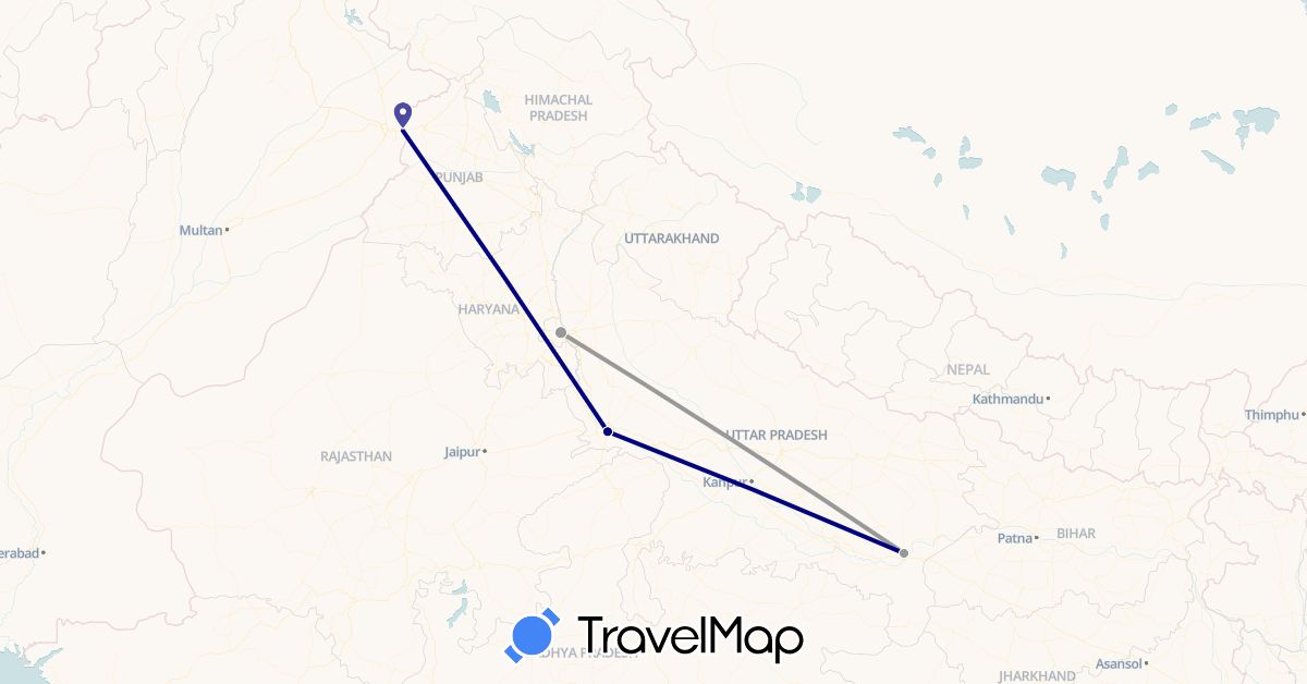 TravelMap itinerary: driving, plane in India, Pakistan (Asia)